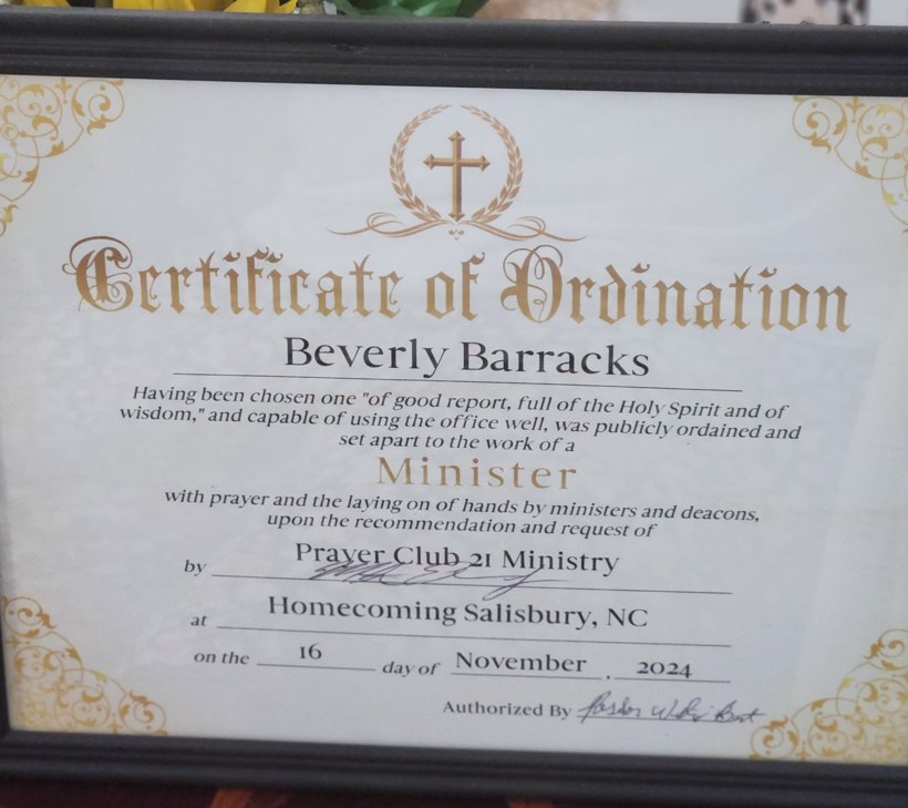 Certificate of Ordination — Beverly Barracks, Minister, Prayer Club 21 Ministry, November 2024